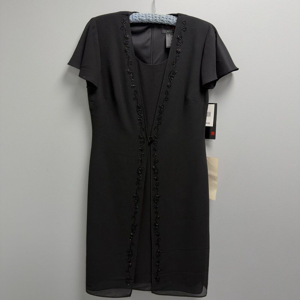Scarlett Black Dress Short Sleeve With Built In Sheer Cape Like Bling Size 8